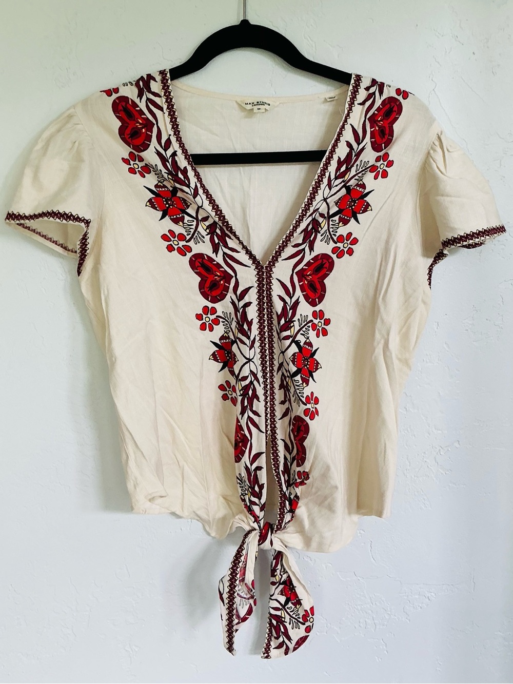 Max Studio London Cream Tie-Front Top with Red Floral Pattern Detail
